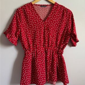 SHEIN Peplum Blouse in Vibrant Red  Adorned with White Heart Print Size Small